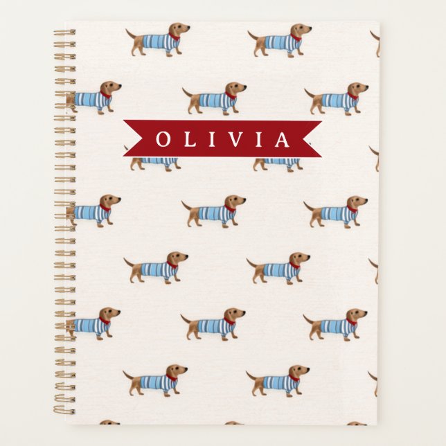 Personalized Preppy Cute Dachshund Dog Pattern Planner (Front)