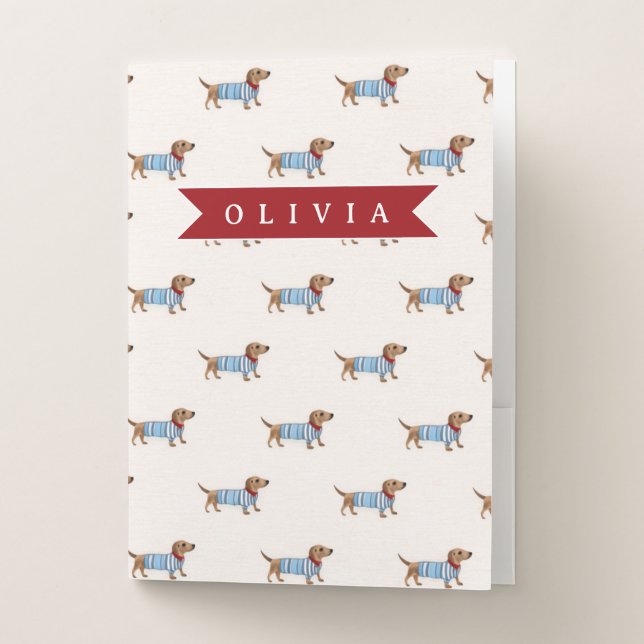Personalized Preppy Cute Dachshund Dog Pattern Pocket Folder (Front)