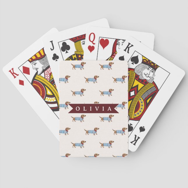 Personalized Preppy Cute Dachshund Dog Pattern Poker Cards (Back)