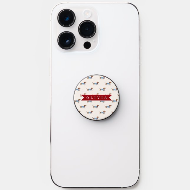 Personalized Preppy Cute Dachshund Dog Pattern PopSocket (Front)