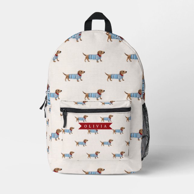 Personalized Preppy Cute Dachshund Dog Pattern Printed Backpack (Front)