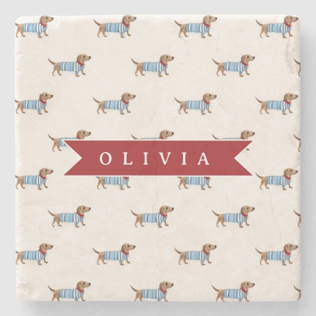 Personalized Preppy Cute Dachshund Dog Pattern Stone Coaster (Front)