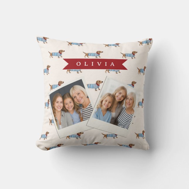 Personalized Preppy Cute Dachshund Dog Pattern Throw Pillow (Front)