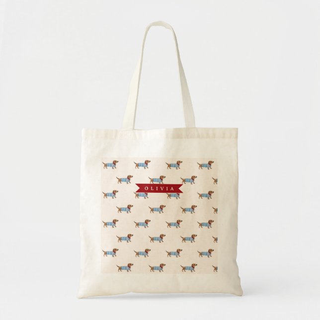 Personalized Preppy Cute Dachshund Dog Pattern Tote Bag (Front)