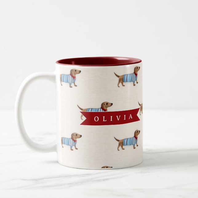 Personalized Preppy Cute Dachshund Dog Pattern Two-Tone Coffee Mug (Left)