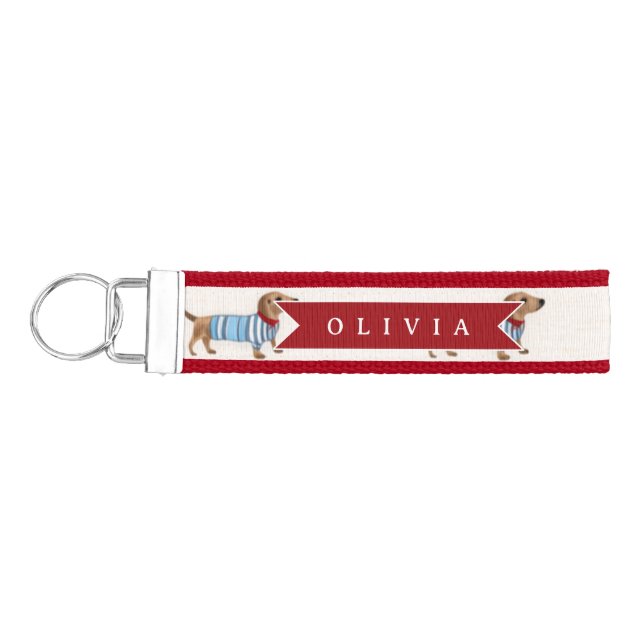Personalized Preppy Cute Dachshund Dog Pattern Wrist Keychain (Keys on Left)