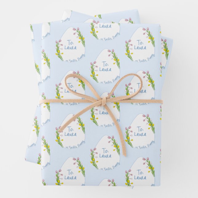 Personalized Preppy Floral Easter Egg Wrapping Paper Sheets (In situ)