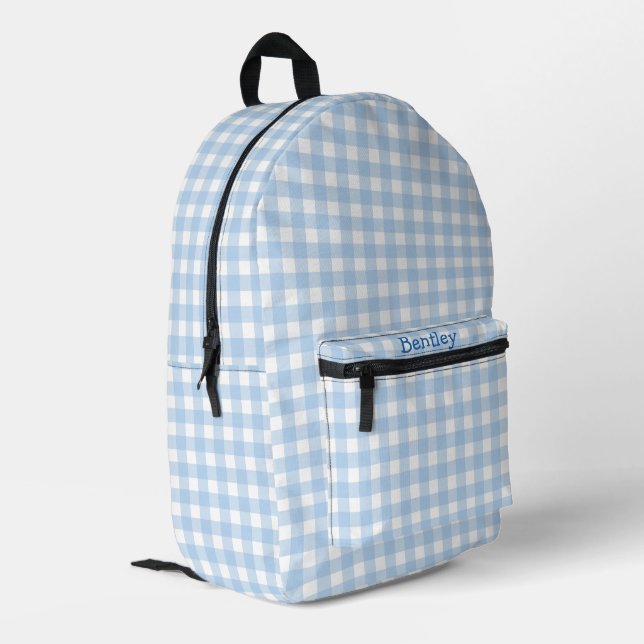 Personalized preppy grandmillennial blue gingham printed backpack (Back Corner Left)
