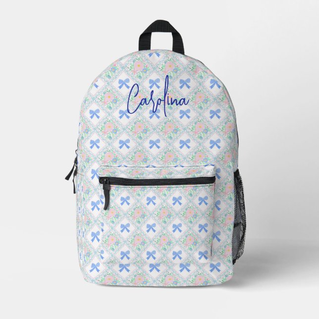 Personalized preppy grandmillennial floral bows printed backpack (Front)