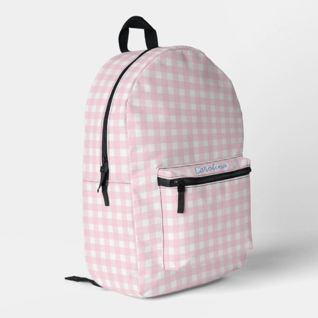 Personalized preppy grandmillennial pink gingham  printed backpack (Back Corner Left)