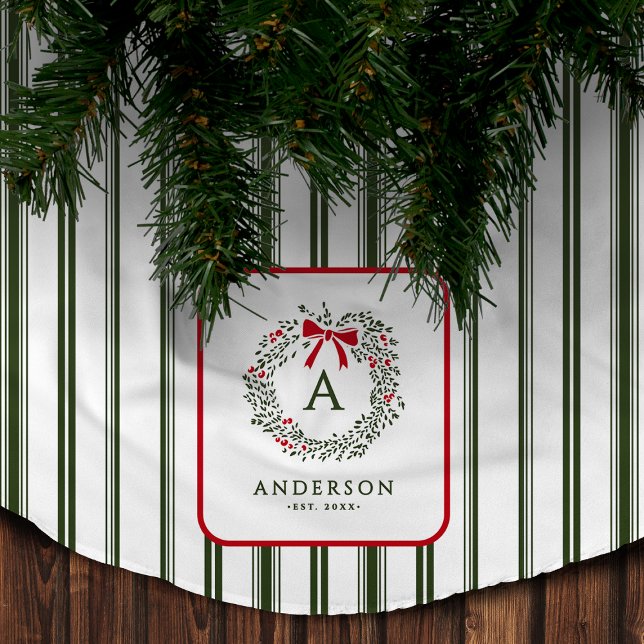 Personalized Preppy Holiday Wreath Monogram & Name Brushed Polyester Tree Skirt (Creator Uploaded)
