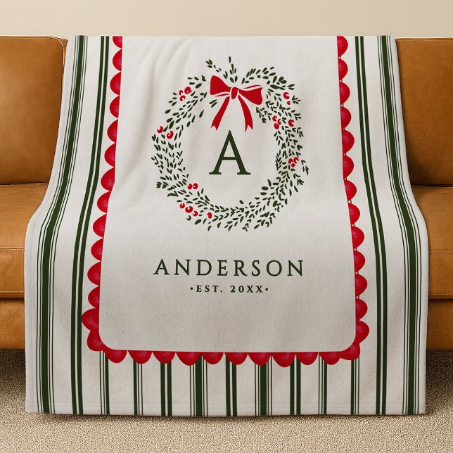 Personalized Preppy Holiday Wreath Monogram & Name Fleece Blanket (Creator Uploaded)