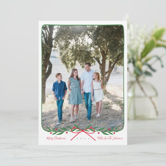 Personalized Preppy Holiday Wreath with Red Bow Card (Standing Front)