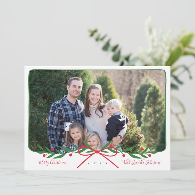 Personalized Preppy Holiday Wreath with Red Bow Card (Standing Front)