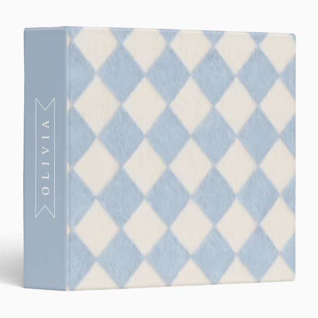 Personalized Preppy Soft Blue Fuzzy Argyle Name 3 Ring Binder (Front/Spine)