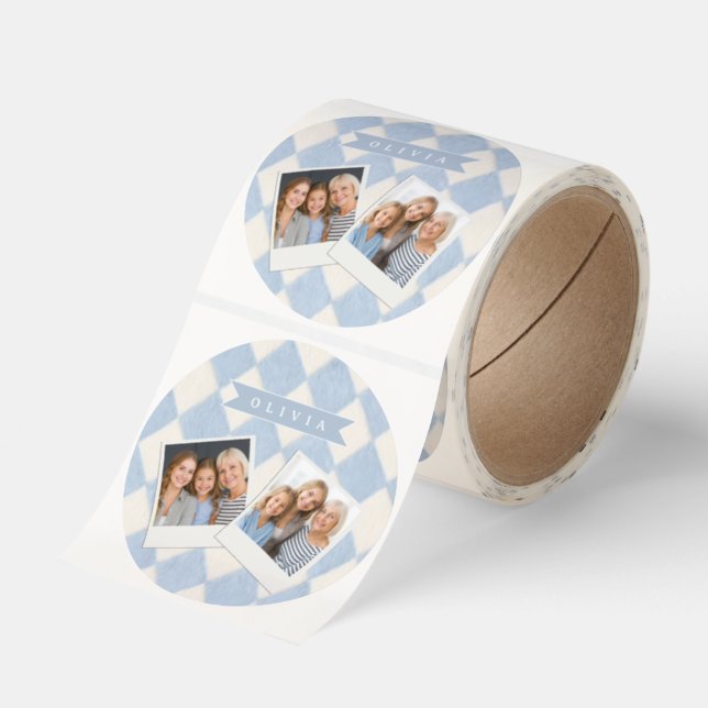 Personalized Preppy Soft Blue Fuzzy Argyle Name Classic Round Sticker (Roll)