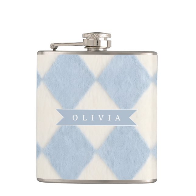 Personalized Preppy Soft Blue Fuzzy Argyle Name Flask (Front)