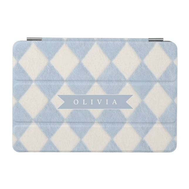 Personalized Preppy Soft Blue Fuzzy Argyle Name iPad Mini Cover (Horizontal)