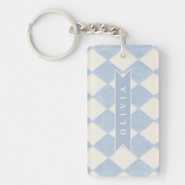 Personalized Preppy Soft Blue Fuzzy Argyle Name Keychain (Front)