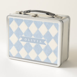 Personalized Preppy Soft Blue Fuzzy Argyle Name Metal Lunch Box