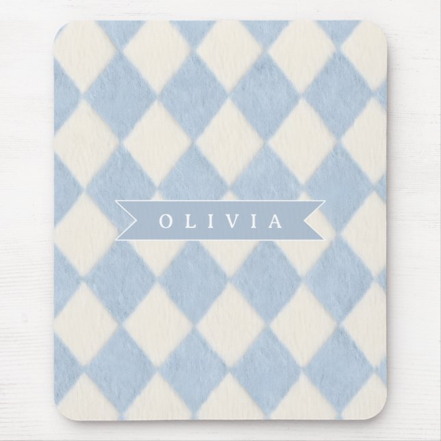 Personalized Preppy Soft Blue Fuzzy Argyle Name Mouse Pad (Front)
