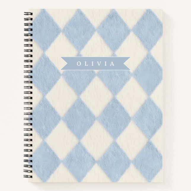 Personalized Preppy Soft Blue Fuzzy Argyle Name Notebook (Front)