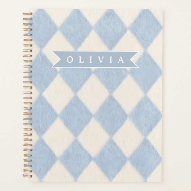 Personalized Preppy Soft Blue Fuzzy Argyle Name Planner (Front)