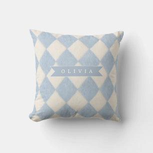 Personalized Preppy Soft Blue Fuzzy Argyle Name Throw Pillow