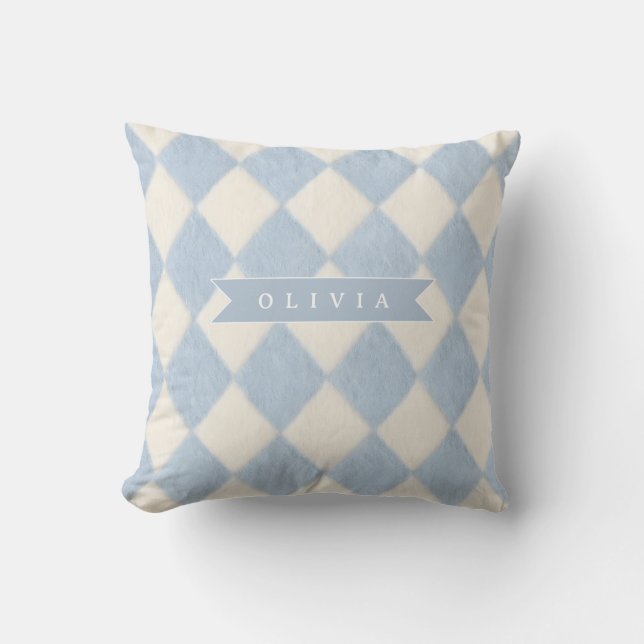 Personalized Preppy Soft Blue Fuzzy Argyle Name Throw Pillow (Front)