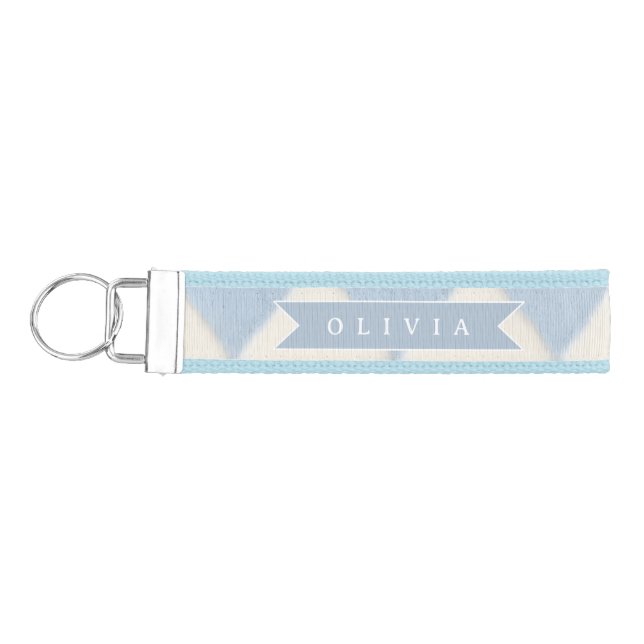 Personalized Preppy Soft Blue Fuzzy Argyle Name Wrist Keychain (Keys on Left)