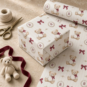 Personalized Preppy Teddy Bear Burgundy Bow Wrapping Paper