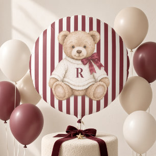 Personalized Preppy Teddy Bear Burgundy Stripe Balloon