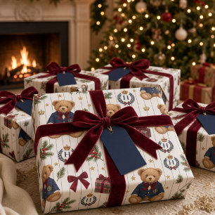 Personalized Preppy Teddy Bear Monogram Christmas Wrapping Paper