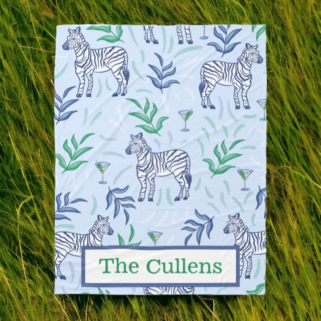 Personalized Preppy Zebras & Martinis Blue  Fleece Blanket (Creator Uploaded)