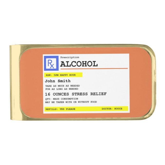 Personalized Prescription Humorous Alcohol    Gold Finish Money Clip (Front)