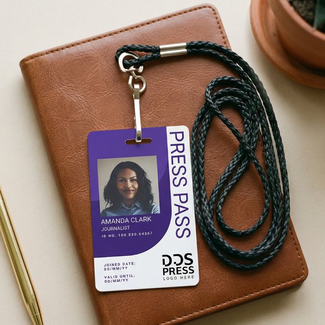 Personalized Press Pass Photo ID Modern Minimal Badge (Purple Modern & Minimal Press Pass Photo ID Badge)