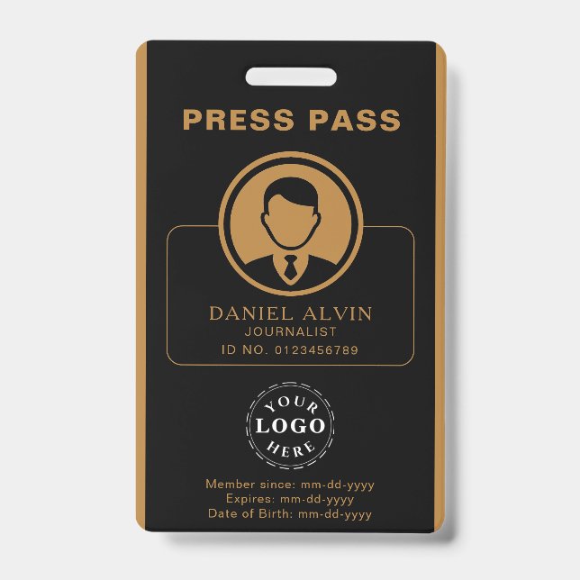 Personalized Press Pass with Photo ID & Barcode Badge (Front)