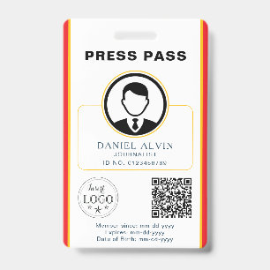 Personalized Press Pass with Photo ID & QR Code Badge