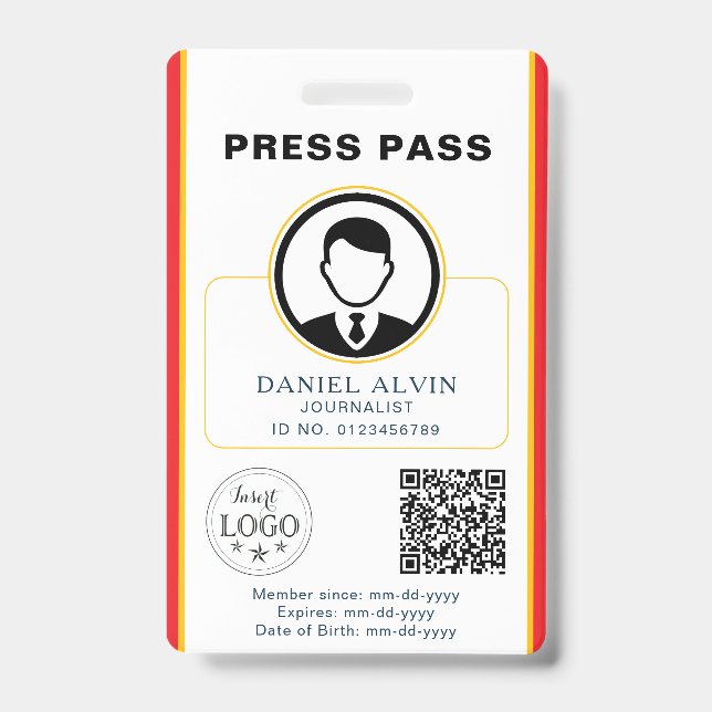 Personalized Press Pass with Photo ID & QR Code Badge (Front)