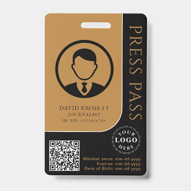Personalized Press Pass with Photo ID & QR Code Badge (Front)