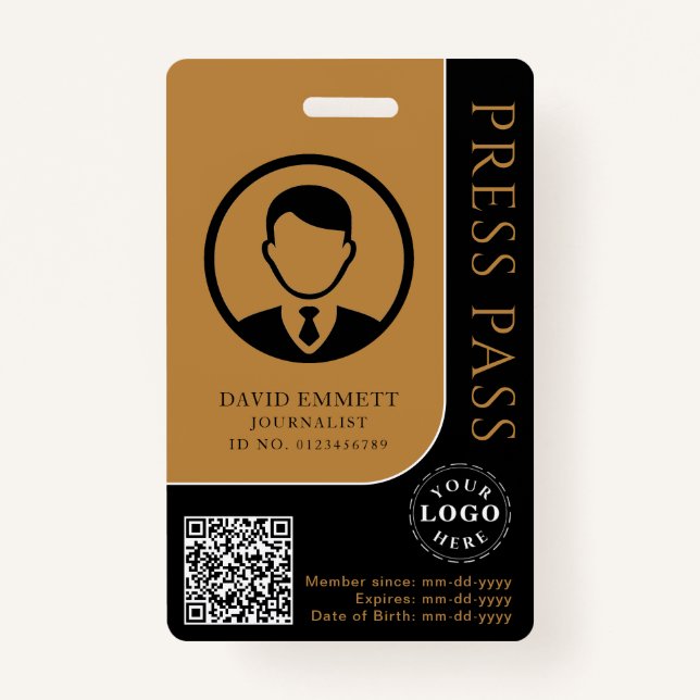 Personalized Press Pass with Photo ID & QR Code Badge (Front)