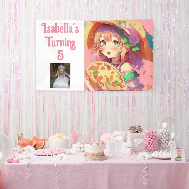 Personalized Pretty Anime Girl Holding a Pizza Banner (Party)