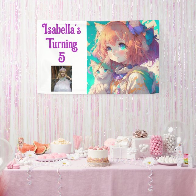 Personalized Pretty Anime Girl with Kitten Banner (Party)