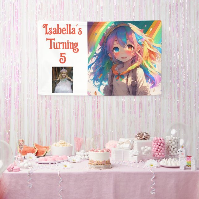Personalized Pretty Anime Girl with Rainbow Banner (Party)