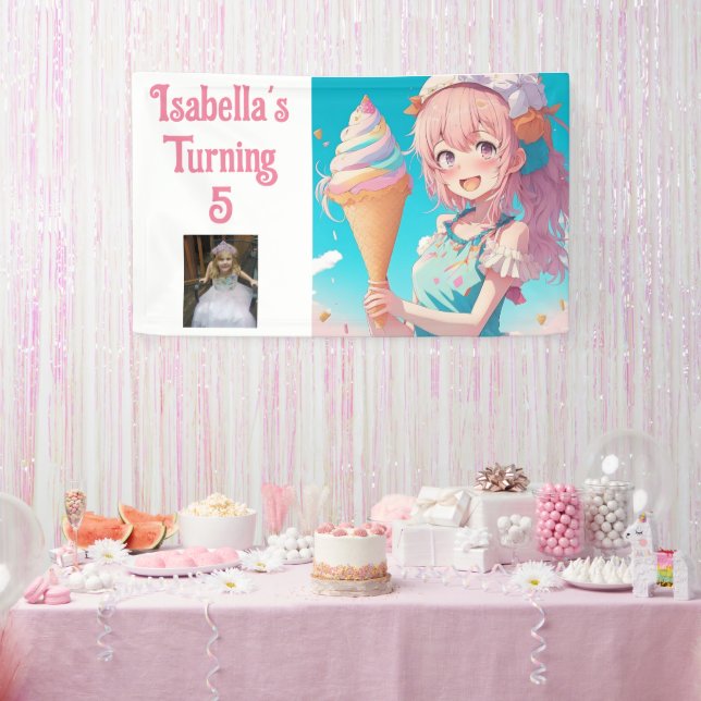 Personalized Pretty Anime Ice Cream Birthday Party Banner (Party)