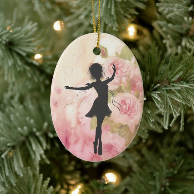 Personalized Pretty Ballerina on Pink Roses Ballet Ceramic Ornament (Tree)
