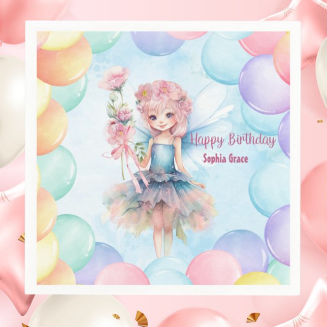 Personalized Pretty Blue Fairy Birthday Napkins  (Personalized Blue Fairy Birthday Napkins – Custom Name Party Decor with Balloons)