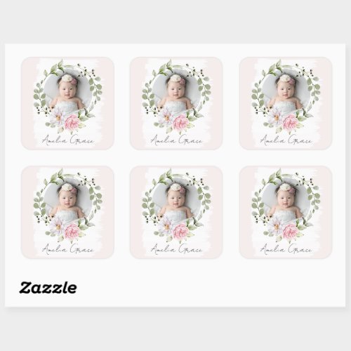 Personalized Pretty Blush Floral Baby Girl Photo Square Sticker