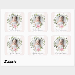Personalized Pretty Blush Floral Baby Girl Photo Square Sticker