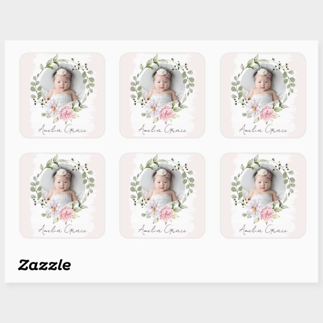 Personalized Pretty Blush Floral Baby Girl Photo Square Sticker (Sheet)